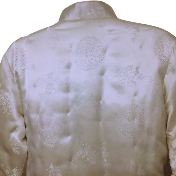 Vintage 80s NWT Fortune Quilted Jacket L Asian Brocade Pockets Frogs Satin Ivory - Picture 10 of 11